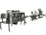 Automatic inline piston filler machine, high viscocity liquid products, 30 gallons tank, complete filling line, by Acasi Machinery Inc., left and front view