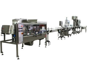 Automatic inline piston filler machine, high viscocity liquid products, 30 gallons tank, complete filling line, by Acasi Machinery Inc., left and front view