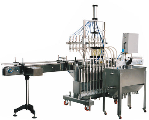 Automatic inline piston filler machine, high viscocity liquid products, 30 gallons tank, model PI3100, by Acasi Machinery Inc., left and rear view