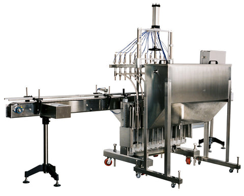 Automatic inline piston filler machine, high viscocity liquid products, 60 gallons tank, model PI3100, by Acasi Machinery Inc., left and rear view