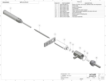 Automatic inline piston filler machine, high viscocity liquid products, model PI3300, Assy NPC-0.375-01, by Acasi Machinery Inc.