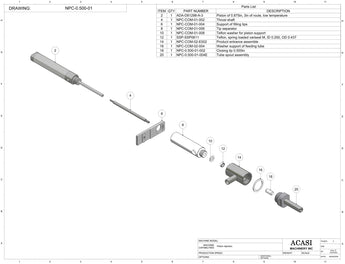 Automatic inline piston filler machine, high viscocity liquid products, model PI3100, Assy NPC-0.500-01, by Acasi Machinery Inc.