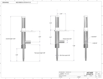 Automatic inline piston filler machine, high viscosity liquid products, 0.375 standard nozzle, dimensions by Acasi Machinery Inc.