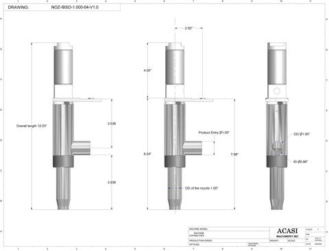 Automatic inline piston filler machine, high viscosity liquid products, 1.000 standard nozzle dimensions, by Acasi Machinery Inc.