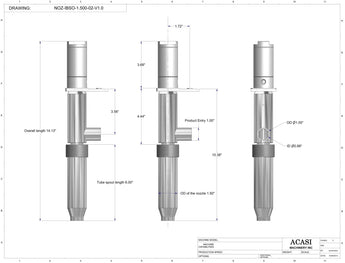 Automatic inline piston filler machine, high viscosity liquid products, 1.500 standard nozzle dimensions, by Acasi Machinery Inc.