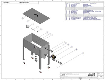 Automatic inline piston filler machine, high viscosity liquid products, 30 gallons tank, Assy TK3014-01-V1.0, by Acasi Machinery Inc.