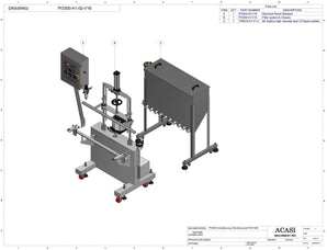 Automatic inline piston filler machine, high viscosity liquid products, Assy PI3300-A1-02-V16, by Acasi Machinery Inc.