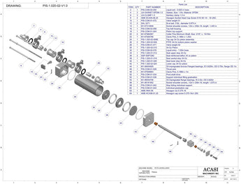 Automatic inline piston filler machine, high viscosity liquid products, pistons, model PI3100, Assy PIS-1.020-02-V1.0, by Acasi Machinery Inc.