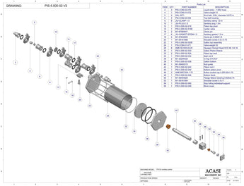 Automatic inline piston filler machine, high viscosity liquid products, pistons, model PI3100, Assy PIS-5.000-02-V2, by Acasi Machinery Inc.