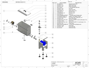 Automatic inline pressure overflow bottle filler machine, low viscosity, Assy GI3100-01-05-V1.0, by Acasi Machinery Inc.