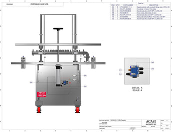 Automatic inline pressure overflow bottle filler machine, low viscosity, Assy GI3300-01-03-V16, by Acasi Machinery Inc.