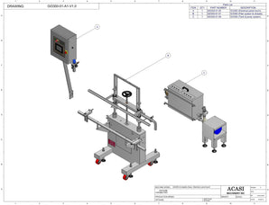 Automatic inline pressure overflow bottle filler machine, low viscosity, Assy GI3300-01-A1-V1.0, by Acasi Machinery Inc.