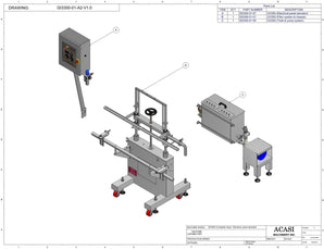 Automatic inline pressure overflow bottle filler machine, low viscosity, Assy GI3300-01-A2-V1.0, by Acasi Machinery Inc.