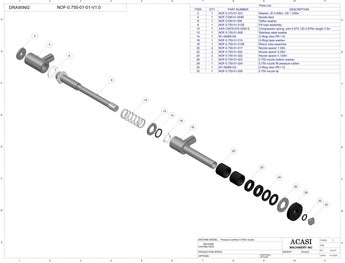 Automatic inline pressure overflow bottle filler machine, low viscosity, Assy NOF-0.750-01-01-V1.0, by Acasi Machinery Inc.