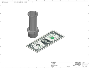 Automatic inline pressure overflow bottle filler machine, low viscosity, Component JUI-HEX-PLG-1.25 X 5.00, by Acasi Machinery Inc.