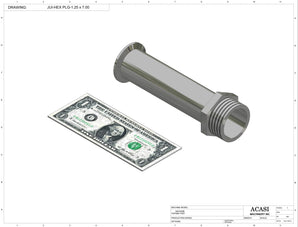 Automatic inline pressure overflow bottle filler machine, low viscosity, Component JUI-HEX PLG-1.25 X 7.00, by Acasi Machinery Inc.