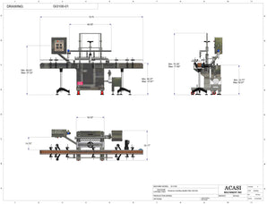 Automatic inline pressure overflow bottle filler machine, low viscosity, Model GI3100 dimensions, by Acasi Machinery Inc.