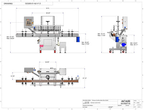 Automatic inline pressure overflow bottle filler machine, low viscosity, Model GI3300 dimensions, by Acasi Machinery Inc.