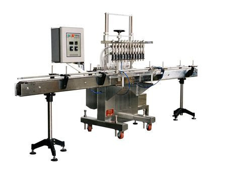 Automatic inline pressure overflow bottle filler machine, low viscosity, model GI3300, by Acasi Machinery Inc., left and front view