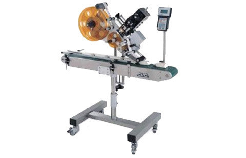 Automatic inline top labeler machine, model CVC 200, by Acasi Machinery Inc.