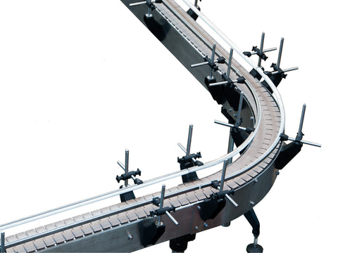 Automatic variable speed power curve and custom bottle Conveyor, by Acasi Machinery Inc., detail 24 inches radius curve view