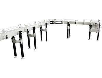 Automatic variable speed power curve and custom chemical resistant conveyor, by Acasi Machinery Inc., left view.