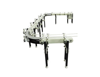 Automatic variable speed power curve and custom chemical resistant conveyor, by Acasi Machinery Inc., left view