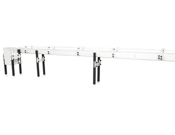 Automatic variable speed power curve and custom chemical resistant conveyor, by Acasi Machinery Inc., rear view.