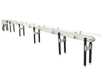 Automatic variable speed power curve and custom chemical resistant conveyor, by Acasi Machinery Inc., rear view_