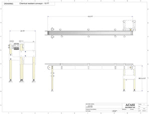 Automatic variable speed power straight bottle corrosion resistant conveyor, model CV100 dimensional, by Acasi Machinery Inc.