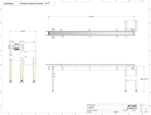 Automatic variable speed power straight bottle corrosion resistant conveyor, model CV100 dimensional, by Acasi Machinery Inc.