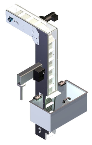 Variable speed floor level cap elevator, model CF1100, by Acasi Machinery Inc., front and left view
