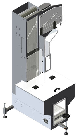 Waterfall cap feeder and sorter, model CF4300, by Acasi Machinery Inc., front and left view