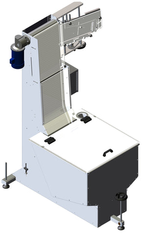 Waterfall cap feeder and sorter, model CF4400, by Acasi Machinery Inc., front and left view
