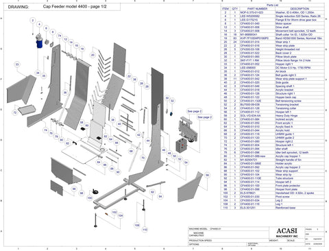 Waterfall cap feeder and sorter, model CF4400, Assy CF4400 (Hopper & Elevation Tunnel), by Acasi Machinery Inc.