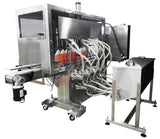 Automatic inline 8 gear pumps filler machine, individual filling volume and speed adjusment for each pump, high viscocity liquid products, model Trupump, by Acasi Machinery Inc., front view.