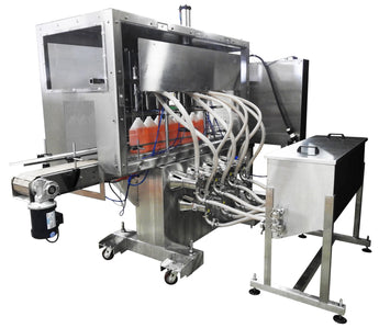 Automatic inline 8 gear pumps filler machine, individual filling volume and speed adjusment for each pump, high viscocity liquid products, model Trupump, by Acasi Machinery Inc., front view.