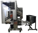 Automatic inline 8 gear pumps filler machine, individual filling volume and speed adjusment for each pump, high viscocity liquid products, model Trupump, by Acasi Machinery Inc., front view.
