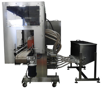 Automatic inline 8 gear pumps filler machine, individual filling volume and speed adjusment for each pump, high viscocity liquid products, model Trupump, by Acasi Machinery Inc., front view.