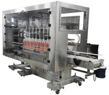 Automatic inline 8 gear pumps filler machine, individual filling volume and speed adjusment for each pump, high viscocity liquid products, model Trupump, by Acasi Machinery Inc., front view.