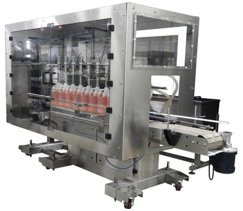 Automatic inline 8 gear pumps filler machine, individual filling volume and speed adjusment for each pump, high viscocity liquid products, model Trupump, by Acasi Machinery Inc., front view.
