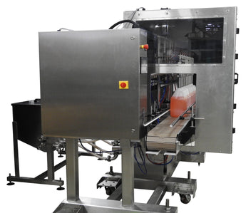 Automatic inline 8 gear pumps filler machine, individual filling volume and speed adjusment for each pump, high viscocity liquid products, model Trupump, by Acasi Machinery Inc., front view.