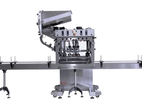 Automatic inline bottle capping machine with vertical wheel cap sorter, model - Trucap-X-Vert, by Acasi Machinery Inc., front view