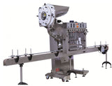 Automatic inline bottle capping machine with vertical wheel cap sorter, model - Trucap-X-Vert, by Acasi Machinery Inc., left and front view