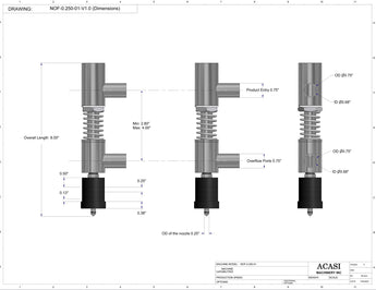 Semi-automatic inline pressure overflow bottle filler machine, low viscosity, 0.250 in nozzle dimensions, by Acasi Machinery Inc.