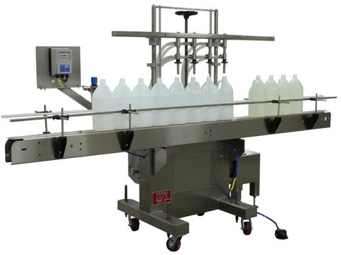 Semi-automatic inline pressure overflow filler machine, model GIS 3300, by Acasi Machinery Inc., front and left view