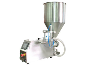 Semi automatic 1 gear pump filler machine, individual filling volume and speed adjusment, high viscocity liquid products, model TruPump 1S, by Acasi Machinery Inc., left and front view