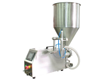 Semi automatic 1 gear pump filler machine, individual filling volume and speed adjusment, high viscocity liquid products, model TruPump 1S, by Acasi Machinery Inc., left and front view