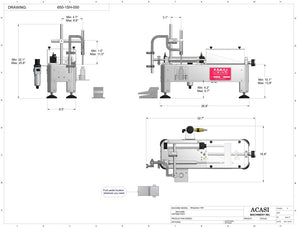 Semiautomatic inline 1 pistons filler machine pneumatic driven with independent adjustment for piston, model Minipiston 1-SH dimensions, by Acasi Machinery Inc.