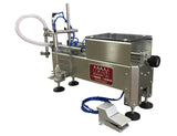 Semiautomatic inline 1 pistons filler machine pneumatic driven with independent adjustment for piston, model Minipiston 1SH, by Acasi Machinery Inc., left and front view..